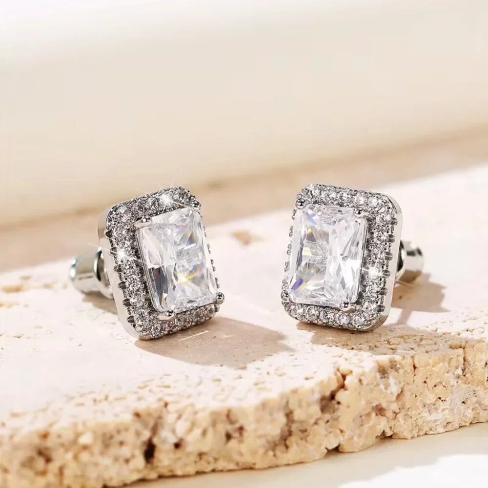 925 Sterling Silver Diamond Emerald Cut Stud Earrings_5